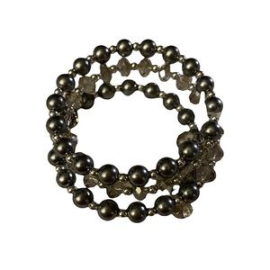 Coil Crystal/Beaded/Faux Pearl Bracelet (silver/ Smokey gray colored)
